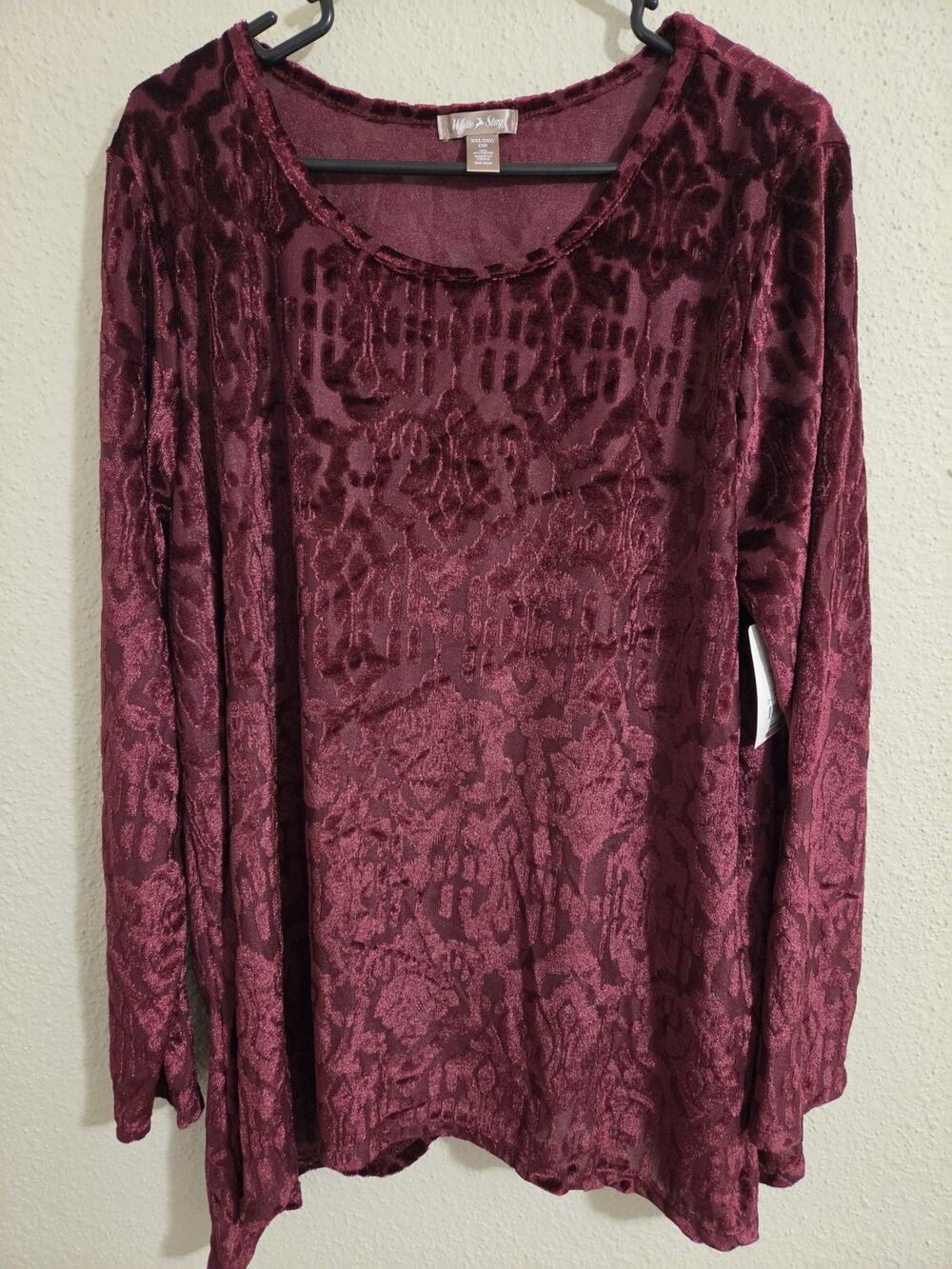 NWT White Stag Velvet Burnout Tunic Top XXL 20 Burgundy Damask Whimsigoth LS